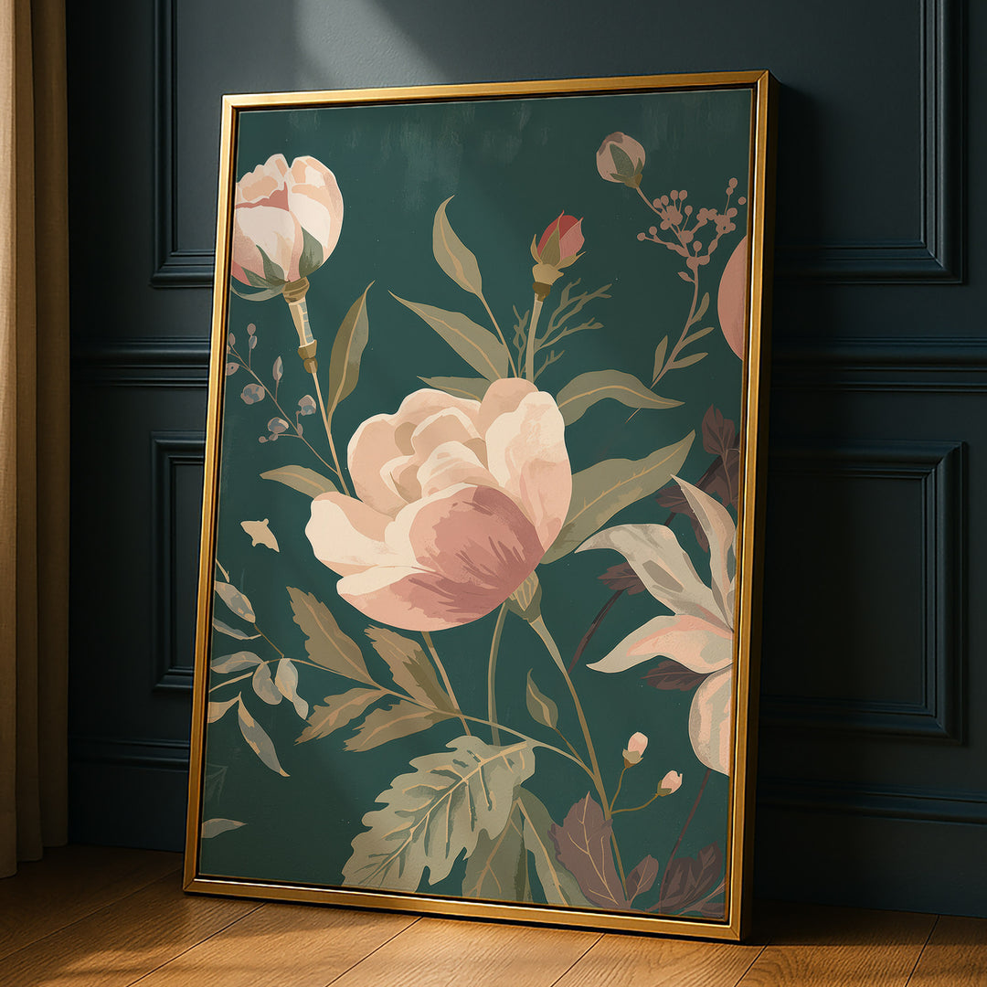 Flat botanical illustration of a large blush peony in full bloom with buds and sage, propped against a dark paneled wall