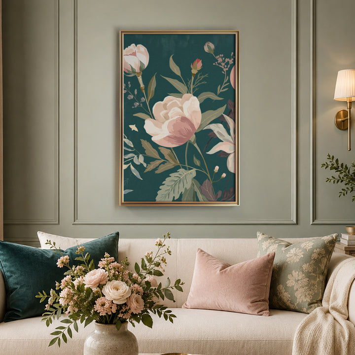Flat botanical illustration of a large blush peony in full bloom with buds and sage, displayed in a warm light living room