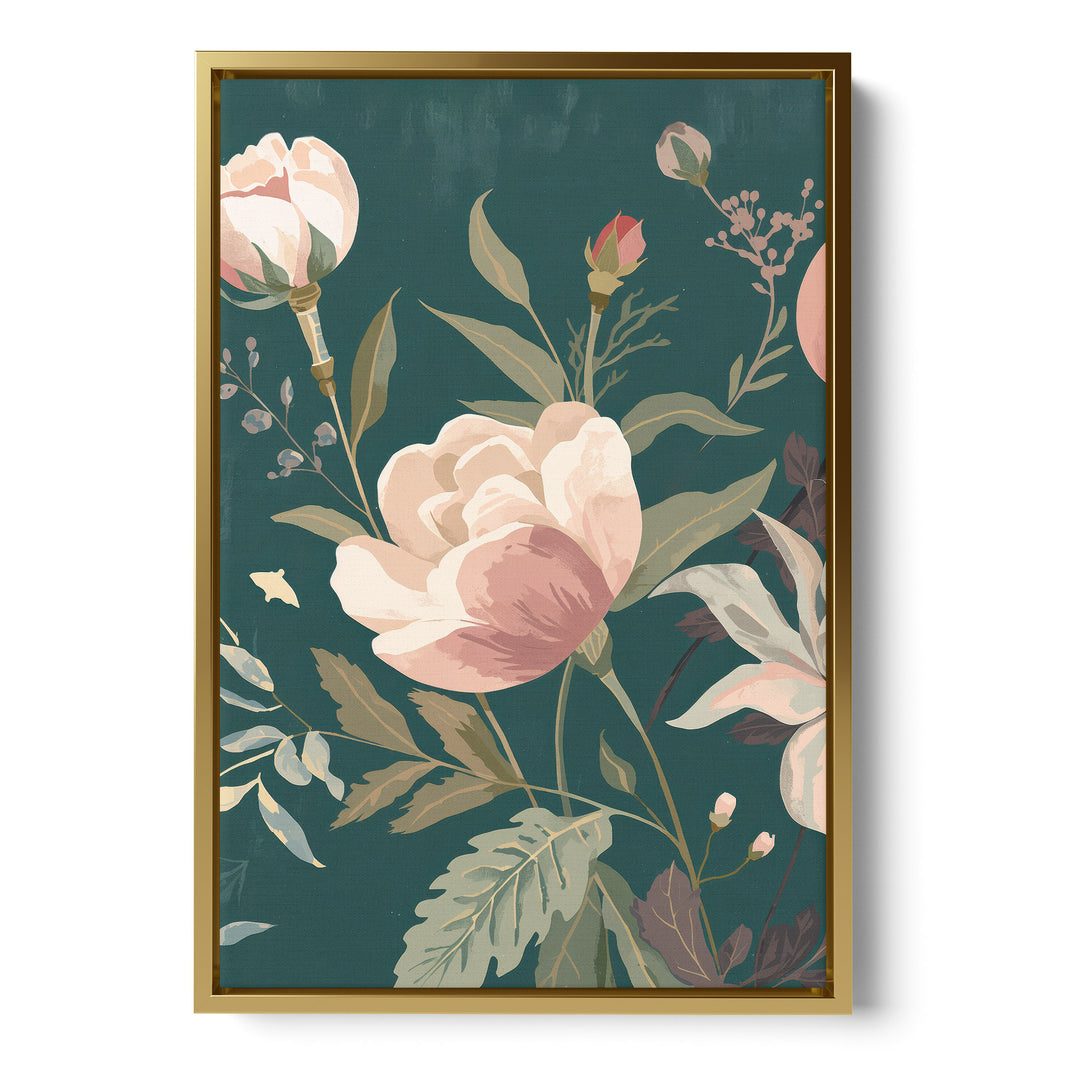 Flat botanical illustration of a large blush peony in full bloom with buds and, stretched canvas in a gold floating frame