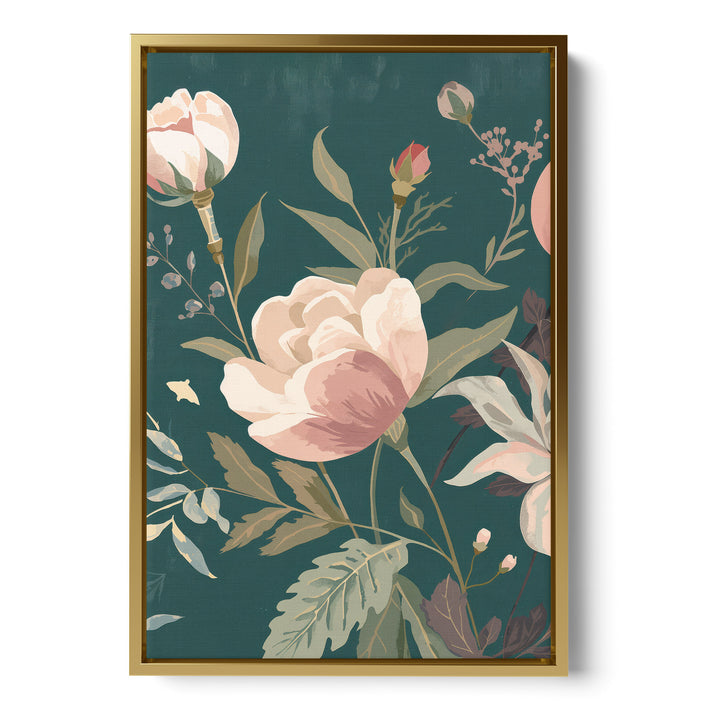 Flat botanical illustration of a large blush peony in full bloom with buds and, stretched canvas in a gold floating frame