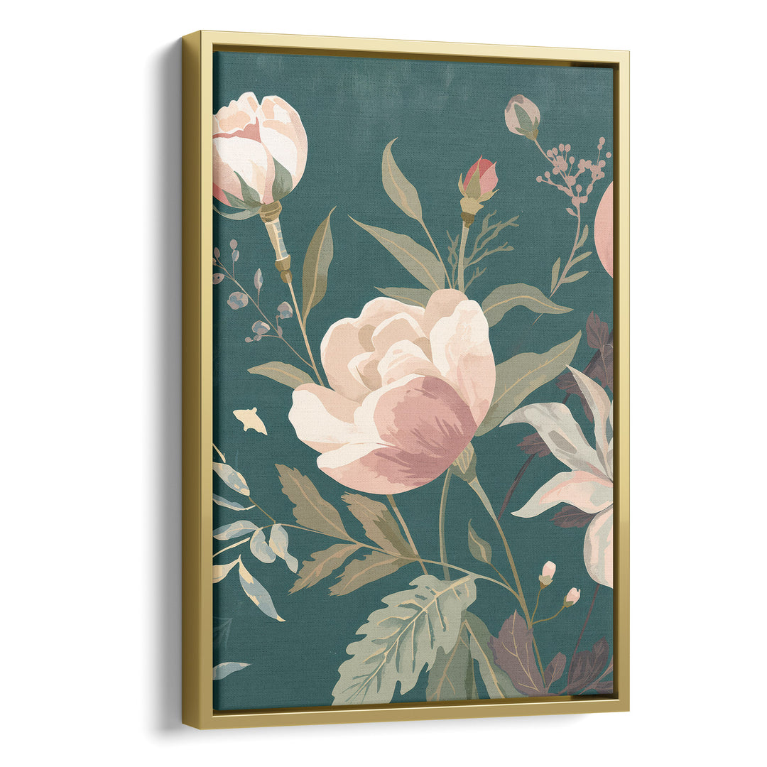 Flat botanical illustration of a large blush peony in full bloom with buds and, stretched canvas in a gold floating frame