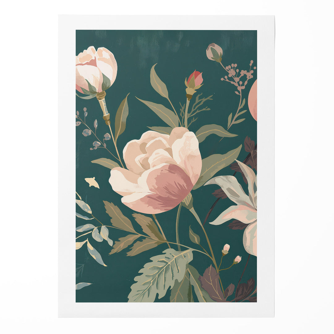 Flat botanical illustration of a large blush peony in full bloom with buds and sage green leaves, shown as a rolled canvas