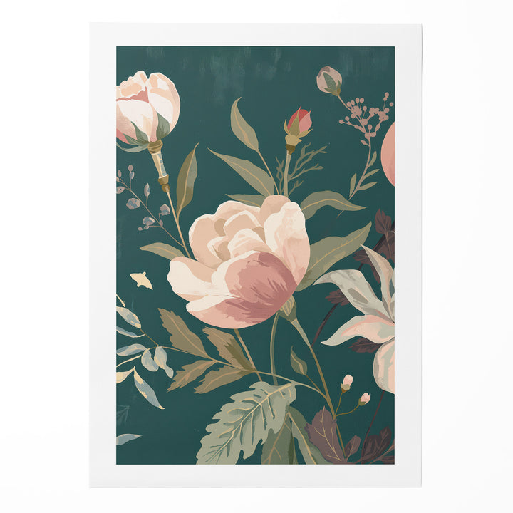 Flat botanical illustration of a large blush peony in full bloom with buds and sage green leaves, shown as a rolled canvas