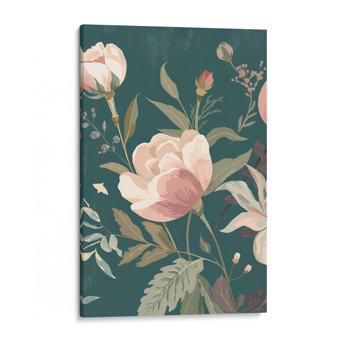 Flat botanical illustration of a large blush peony in full bloom with buds and sage green, shown as a stretched canvas