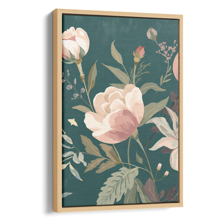 Flat botanical illustration of a large blush peony in full bloom with buds and, stretched canvas in a natural wood frame