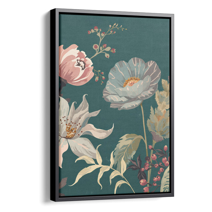 Flat botanical illustration of a blue-grey poppy, pink peony and white clematis, stretched canvas in a black floating frame