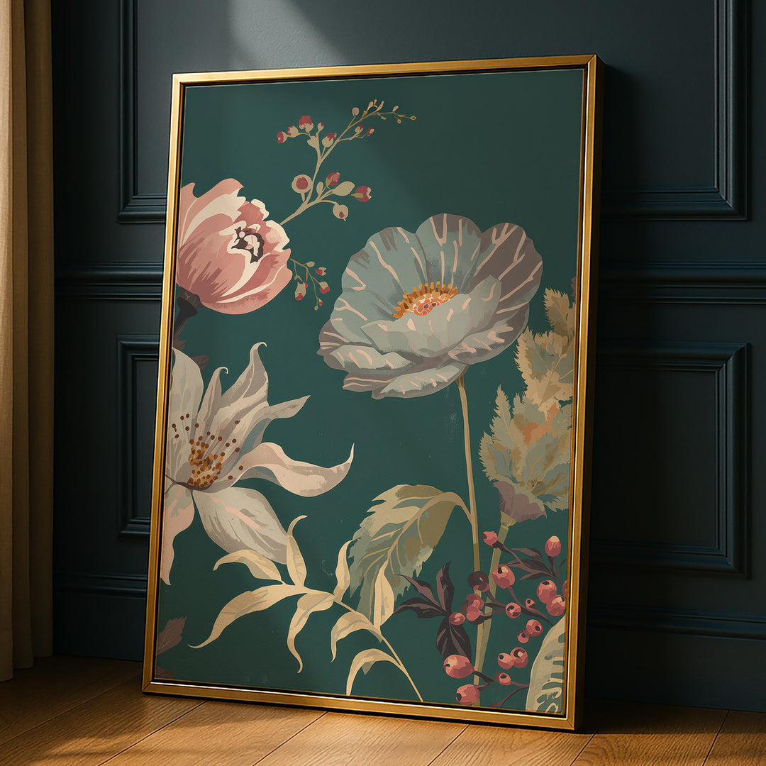 Flat botanical illustration of a blue-grey poppy, pink peony and white clematis with, propped against a dark paneled wall