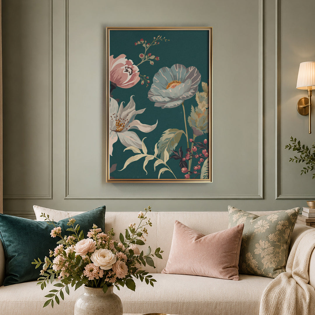 Flat botanical illustration of a blue-grey poppy, pink peony and white clematis with, displayed in a warm light living room