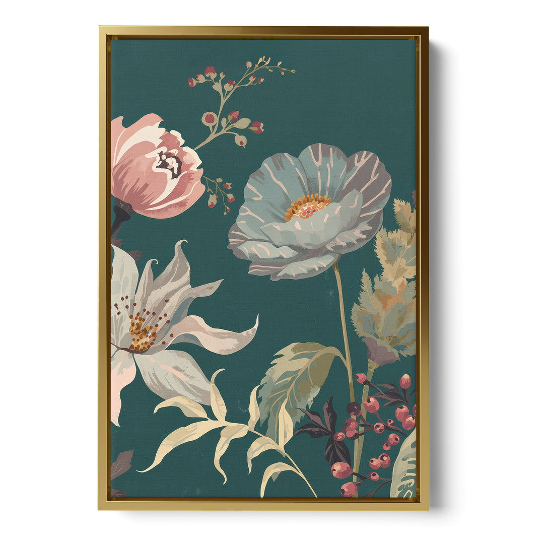 Flat botanical illustration of a blue-grey poppy, pink peony and white clematis, stretched canvas in a gold floating frame