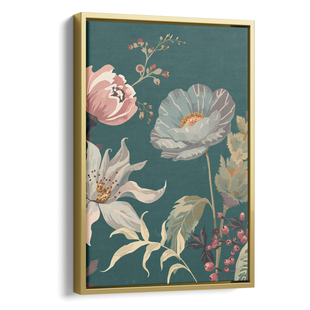 Flat botanical illustration of a blue-grey poppy, pink peony and white clematis, stretched canvas in a gold floating frame