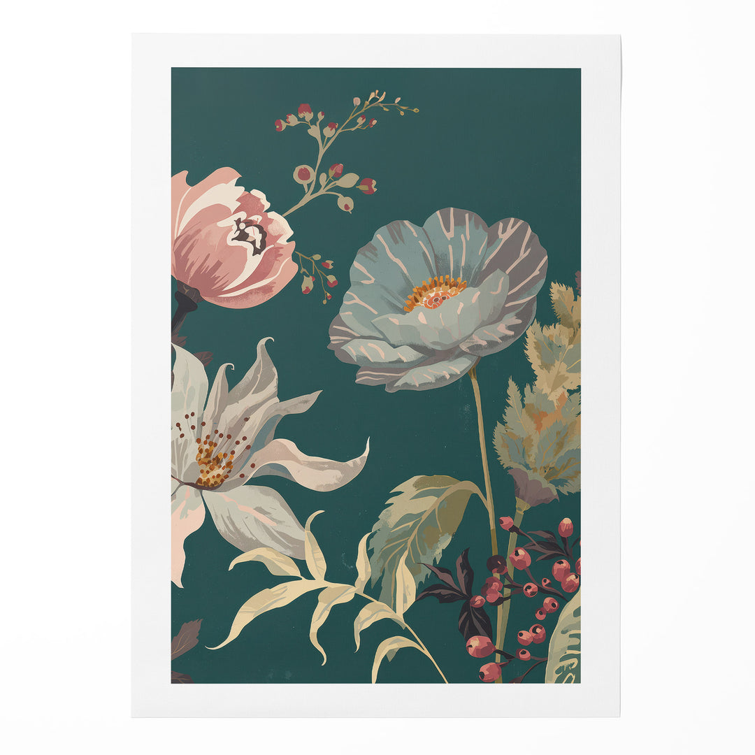 Flat botanical illustration of a blue-grey poppy, pink peony and white clematis with botanical, shown as a rolled canvas