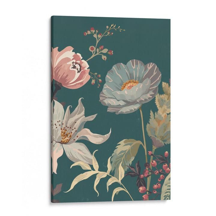 Flat botanical illustration of a blue-grey poppy, pink peony and white clematis with botanical, shown as a stretched canvas