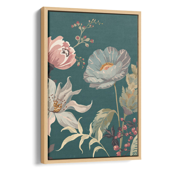 Flat botanical illustration of a blue-grey poppy, pink peony and white clematis, stretched canvas in a natural wood frame