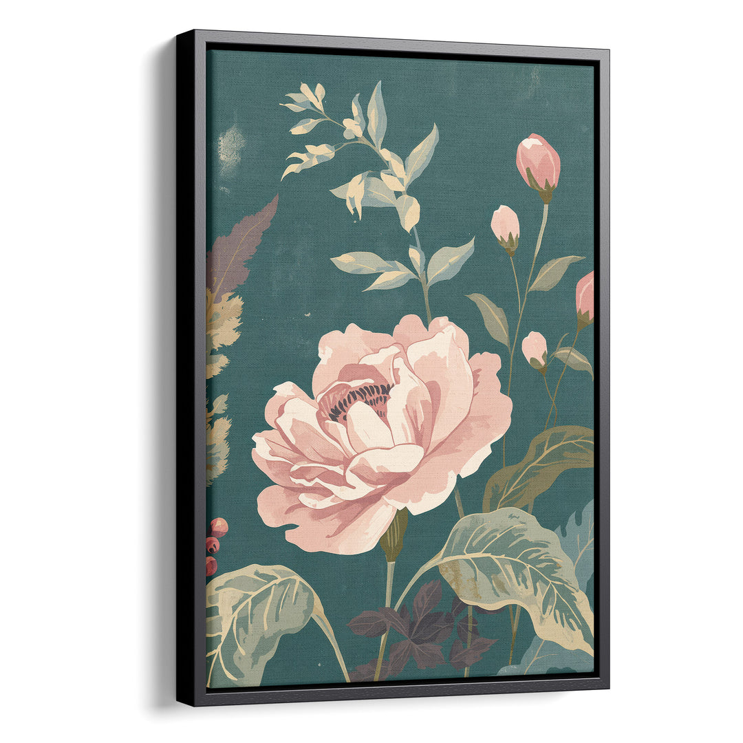 Flat botanical illustration of a large blush pink rose in full bloom with pink, stretched canvas in a black floating frame