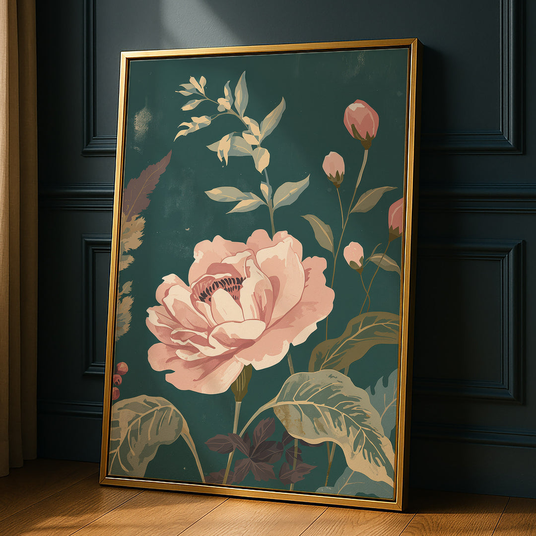 Flat botanical illustration of a large blush pink rose in full bloom with pink buds, propped against a dark paneled wall
