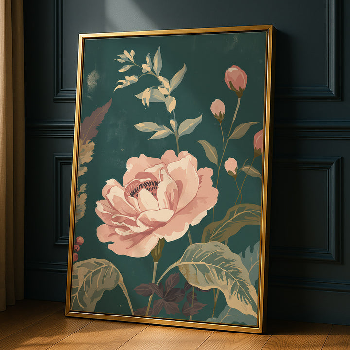Flat botanical illustration of a large blush pink rose in full bloom with pink buds, propped against a dark paneled wall