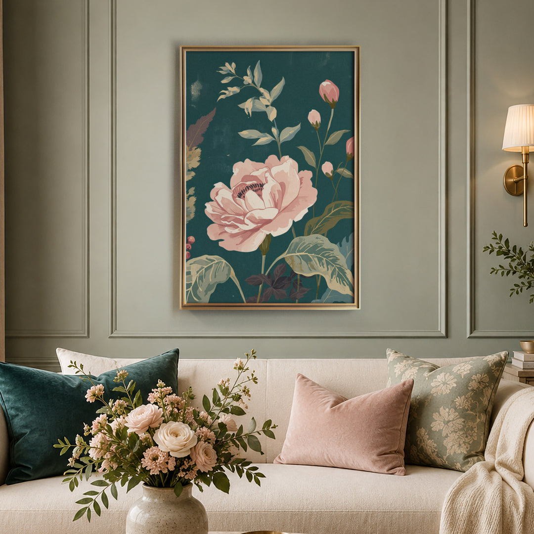 Flat botanical illustration of a large blush pink rose in full bloom with pink buds, displayed in a warm light living room