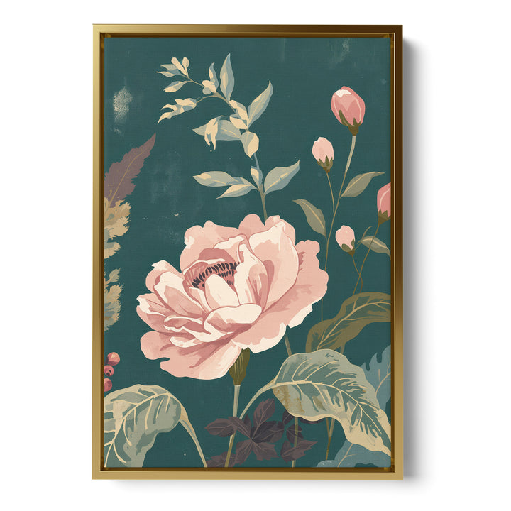 Flat botanical illustration of a large blush pink rose in full bloom with pink, stretched canvas in a gold floating frame