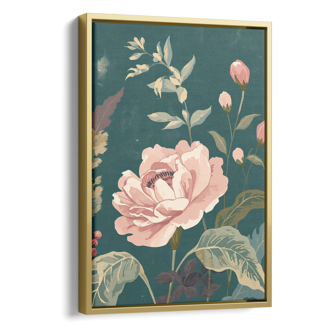Flat botanical illustration of a large blush pink rose in full bloom with pink, stretched canvas in a gold floating frame