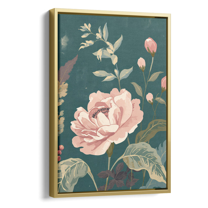 Flat botanical illustration of a large blush pink rose in full bloom with pink, stretched canvas in a gold floating frame