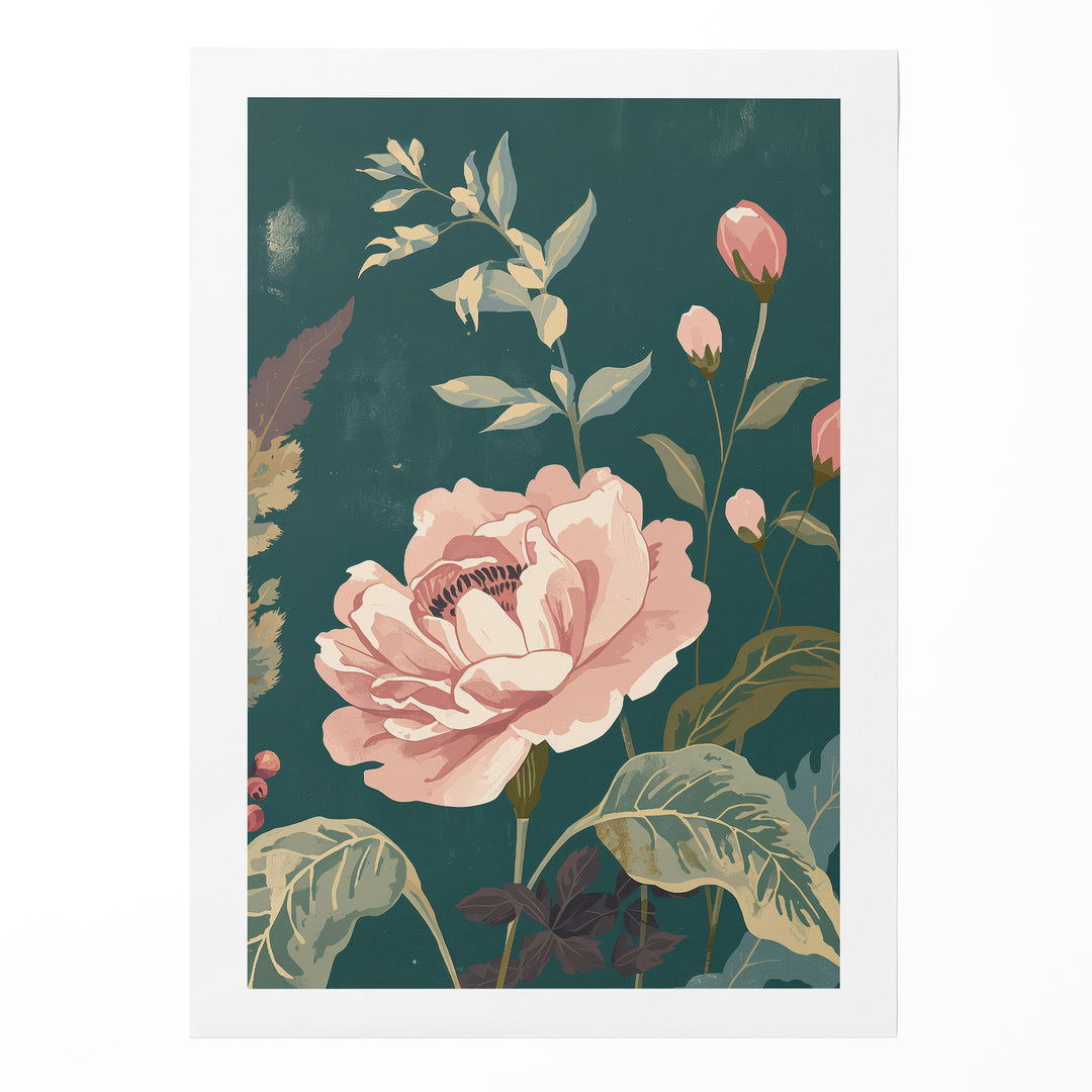 Flat botanical illustration of a large blush pink rose in full bloom with pink buds and cream, shown as a rolled canvas