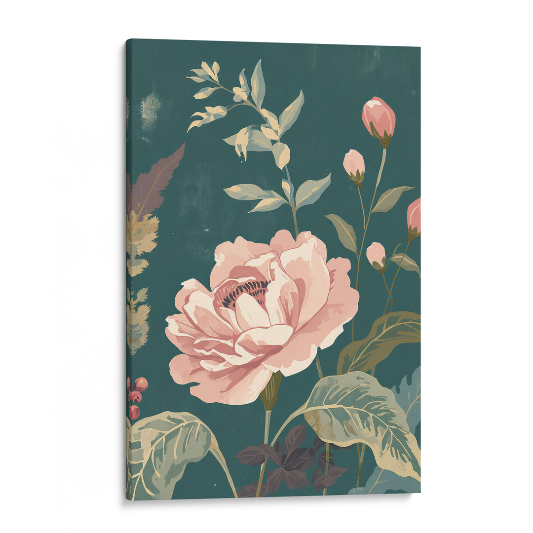 Flat botanical illustration of a large blush pink rose in full bloom with pink buds and cream, shown as a stretched canvas