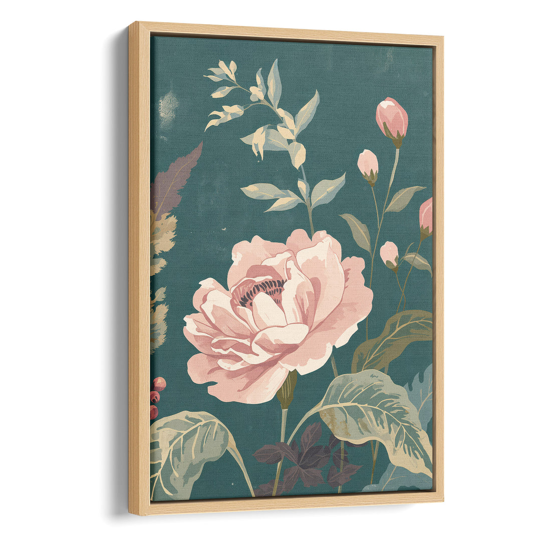 Flat botanical illustration of a large blush pink rose in full bloom with pink, stretched canvas in a natural wood frame
